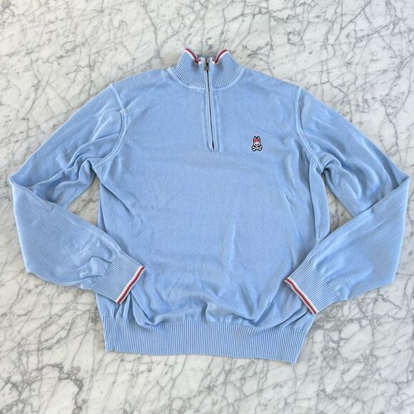 Psycho Bunny Sweater Mens Small Blue Pima Cotton 1/4 Zip Pullover Knit Jacket
